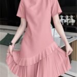 Pleated Crew Neck Solid Loose Dress, Casual Short Sleeve Dress For Spring & Summer, Women’s Clothing